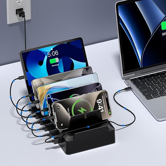 Charging Station for Multiple Devices, 6 Port USB Charger with Holder Stand and Cables for iPad, Apple, Android, Tablet, Office Desk Charging Dock Storage Organizer (White)