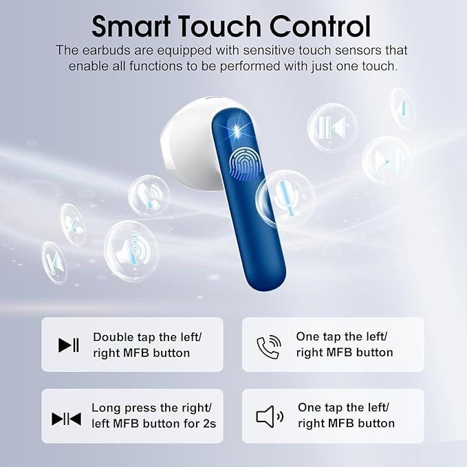 Wireless Earbuds, Bluetooth 5.4 Headphones with 3D Bass Stereo, 40H In-Ear Buds with 4 ENC Noise Cancelling Mic, Ultralight Bluetooth Earbuds USB-C LED, IP7 Waterproof Earphones for Android iOS, Blue