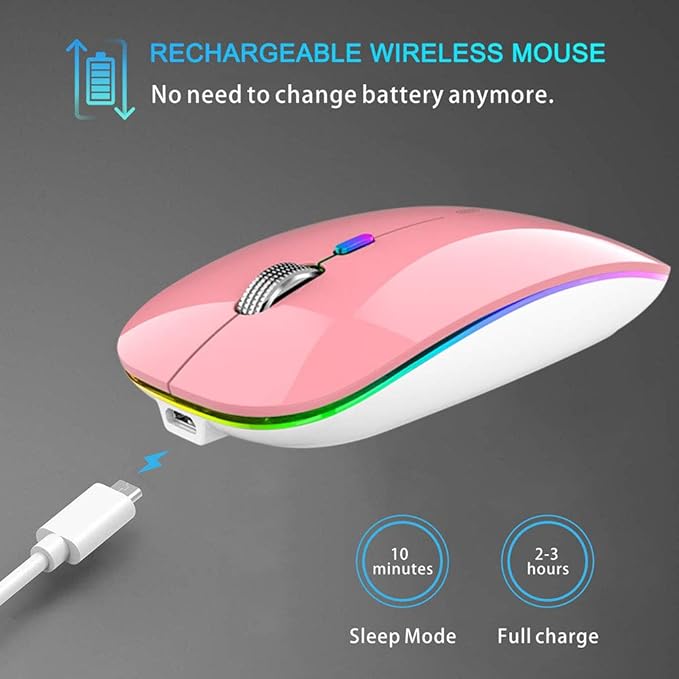 TENMOS Wireless Bluetooth Mouse, LED Slim (Bluetooth 5.1 + USB) 2.4GHz Rechargeable Silent Bluetooth Wireless Mouse with Type C Adapter for Laptop/MacBook/iPad OS 13 and Above (Pink)