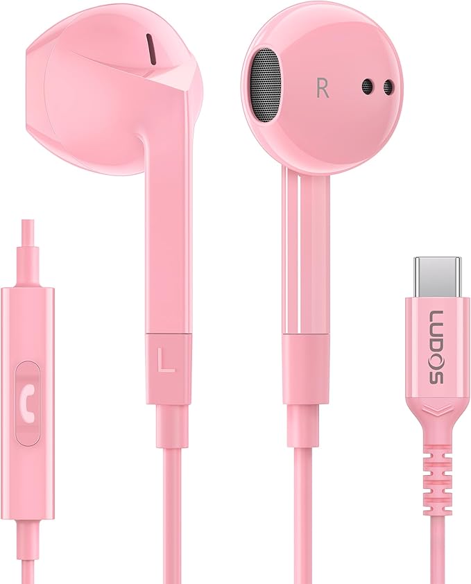 LUDOS FEROX USB C Headphones for iPhone 17 16 15 Pro Max Plus Air iPad Pro, 5 Years Warranty, USB-C Earbuds for Samsung Galaxy S24 S23 Ultra S22 S21 FE S20 Z Flip 3 Fold 4 A53, USB Type C Earphones
