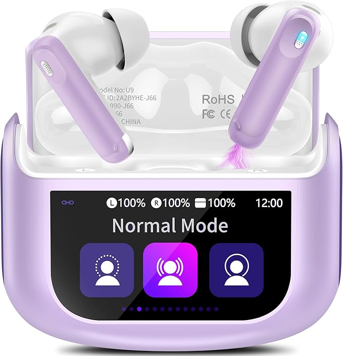 Wireless Earbuds, Bluetooth 5.4 Headphones with Multifunctional Touch Screen, 48H Bass Stereo Ear Buds with ANC/ENC Noise Cancelling/Transparency Mode, IPX7 Earphones with 5 EQ Modes, Taro purple