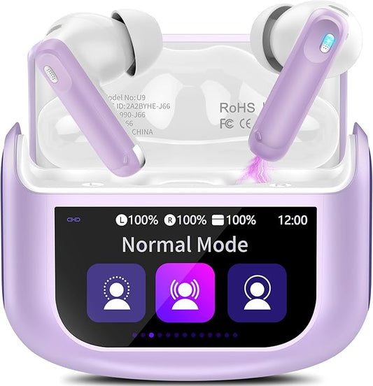 Wireless Earbuds, Bluetooth 5.4 Headphones with Multifunctional Touch Screen, 48H Bass Stereo Ear Buds with ANC/ENC Noise Cancelling/Transparency Mode, IPX7 Earphones with 5 EQ Modes, Taro purple
