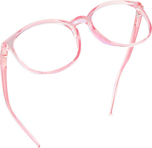 LifeArt Round Blue Light Blocking Glasses, Computer Glasses, Gaming Glasses, TV Glasses for Women Men (Clear Pink, 5.25 Magnification)