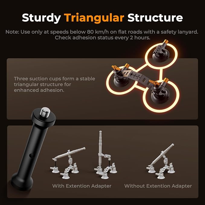 K&F CONCEPT Triple Suction Cup Car Mount for Camera, Heavy Duty 3-in-1 Kit with 15° Curved Surface Adjustment, Extension Pole & Phone Holder, Compatible with Insta360 X5/X4 GoPro DJI Action 5/4/3/2 - Image 2