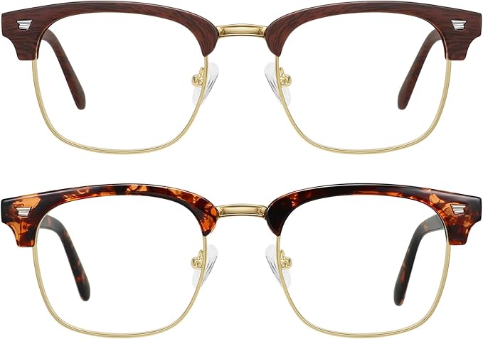 MEETSUN Blue Light Glasses Retro Half Frame Clear Lens - Anti-Eyestrain for Computer, Gaming & Phone Use | Women Men Fashion Bluelight Glasses(Tortoiseshell Frame+Brown Frame / 2 PACK)