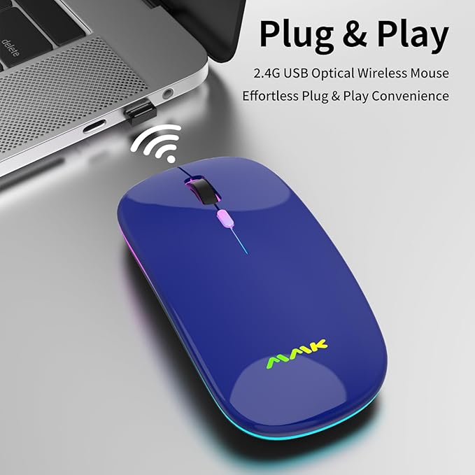 Wireless Bluetooth Mouse for Laptop, Rechargeable Mouse 2.4G USB Optical Wireless Mouse, LED Slim Dual Mode(Bluetooth 5.0 and 2.4G) Wireless for Laptop, PC, Mac OS, Android, Windows(Dark Blue)