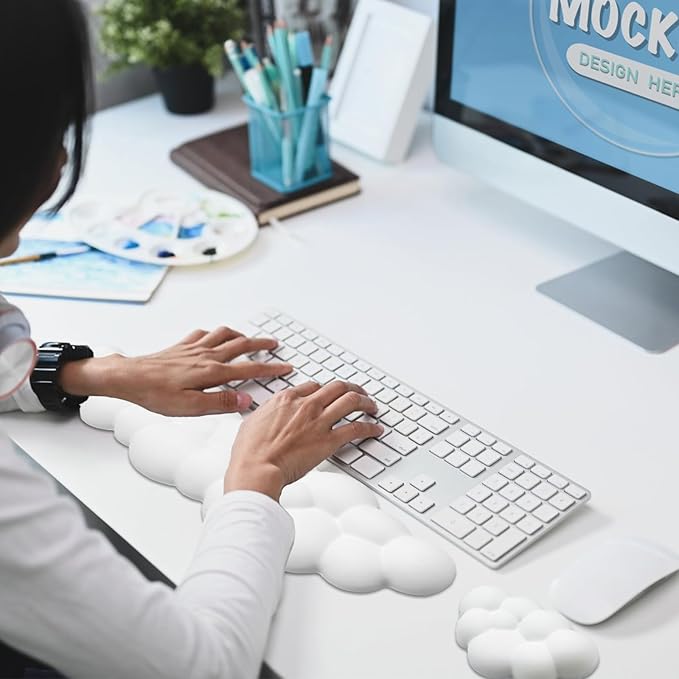 Cloud Wrist Rest Keyboard, PU Leather Memory Foam Wrist Rest for Computer Keyboard, Ergonomic Keyboard Wrist Rest Pad and Cute Mouse Wrist Rest for Gaming, Office, Computer, Typing Pain Relief,White