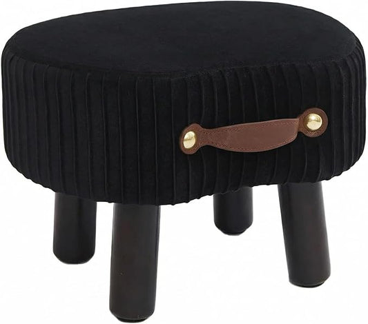 Small Ottoman Foot Rest,Foot Stool with Handle, Velvet Footstool Ottoman with Padded Seat, Curved Foot Rest Stool with Wooden Legs for Living Room, Entryway, Black
