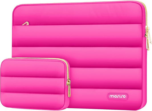 MOSISO Laptop Case 16 inch, 15-15.6 inch Puffy Laptop Sleeve Compatible with MacBook Pro 16 M5 M4 M3 M2 M1, HP Dell ASUS Acer Toshiba Lenovo, Polyester Horizontal Bag with Small Case, Rose Red