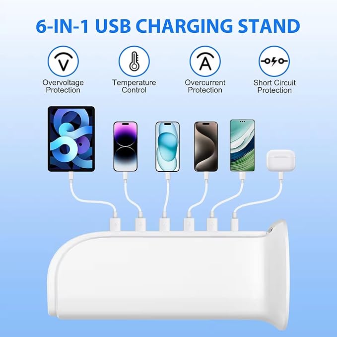 USB Charging Station for Multiple Devices, 5 USB Ports + 1 Type C Multiport Charger Tower, Compatible with Smartphones, Tablets and Other Devices