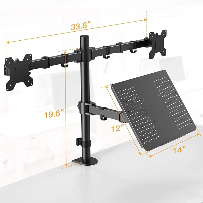 HUANUO Laptop Mount, Height Adjustable Dual Monitor Mount with Laptop Keyboard Tray Fit Two 13 to 27 Inch Flat Curved Computer Screens and 10 to 17 Inch Notebooks