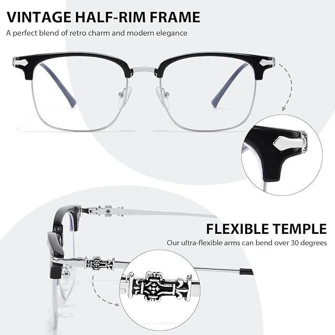 IGnaef Unisex Retro Blue Light Blocking Glasses Trendy Semi-Rimless Anti Eyestrain & UV Glare for Gaming & Reading
