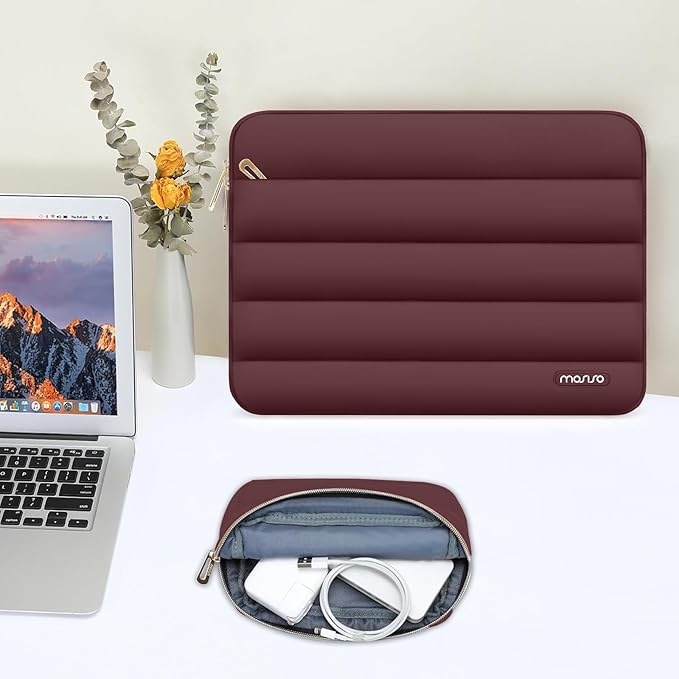 MOSISO Laptop Case 13.3 inch,13-13.3 inch Puffy Laptop Sleeve Compatible with MacBook Air 13.6 M5 M4 M3 M2 M1/Neo/Pro 13/14,HP Dell ASUS Lenovo,Polyester Horizontal Bag with Small Case, Wine Red