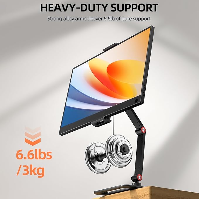 UPERFECT Adjustable Tablet Stand, 360° Swivel & 180° Tilt, Foldable Arm Holder for 4.7–9.87'' Telescopic Clamp, Compatible with ≤18.5'' Monitor/iPhone/iPad/Tablet, Aluminum Alloy, Black