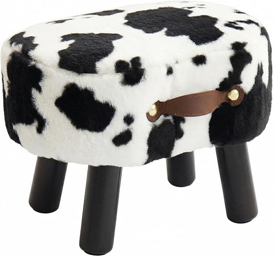 Small Footstool with Handle, Faux Fur Ottoman Foot Rest with Padded Seat, Curved Foot Stool with Wooden Legs, Portable Foot Rest for Living Room, Bedroom, Entryway, Cow