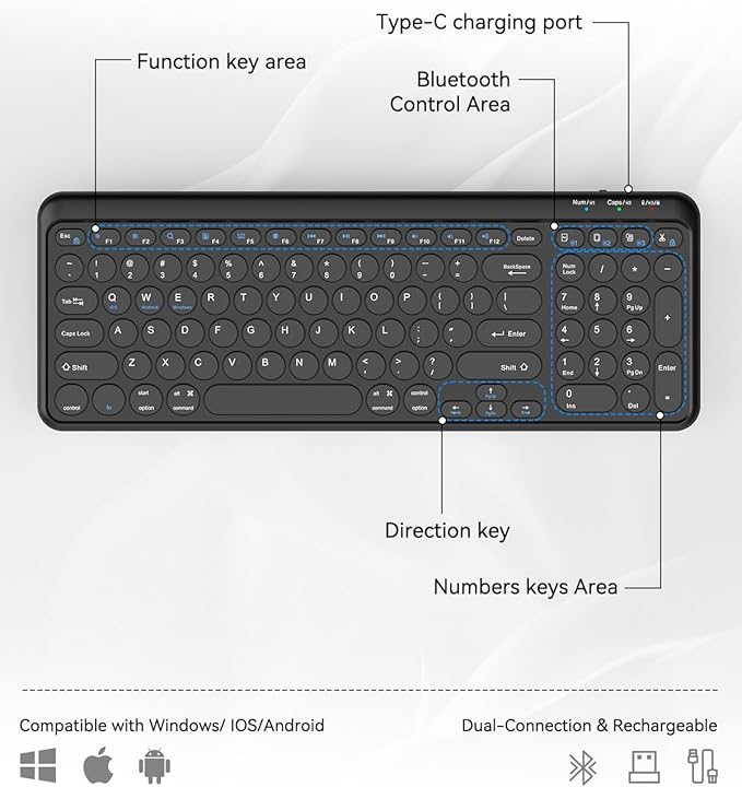 TECKNET Wireless Keyboard Bluetooth & 2.4G USB, Up to 4-Device Connection, USB C Rechargeable Battery, Quiet Typing, Compact Layout, 7° Ergonomic Tilt, Compatible with Windows/Android/iOS, Deep Back