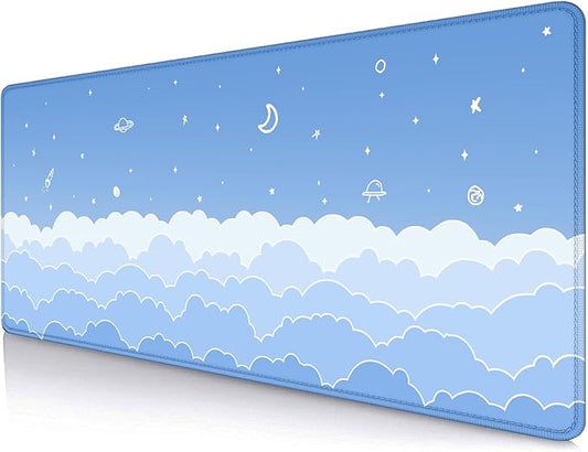 Cute Pastel Blue Desk Mat, Minimalist Large Gaming Mouse Pad Mousepad for Laplop, Kawaii Anime Desk Pad, Gradient White Clouds Computer Pads, Aesthetic Stars Moon Deskpad, 31.5 X 11.8 Inch