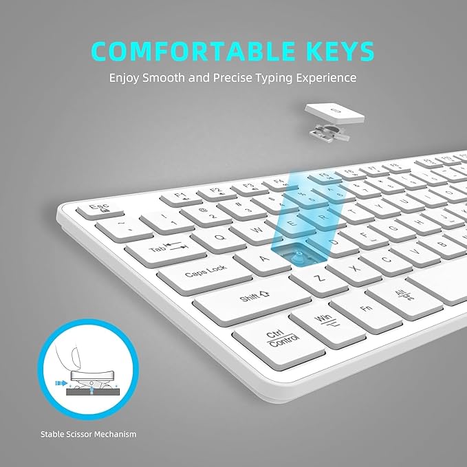 Slim Wireless Keyboard for Mac and Windows, Ultra Quiet Low-Profile Flat Key Board with Full-Size Keys, 2.4GHz Wire Less for PC, Mac, Windows 11/10/8/7 (Wireless Keyboard White)