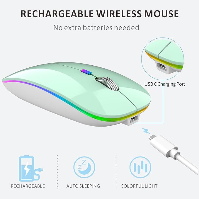 Uiosmuph LED Wireless Mouse, G12 Slim Rechargeable Silent Mouse, 2.4G Portable USB Optical Wireless Computer Mice with USB Receiver and Type C Adapter (Mint Green)