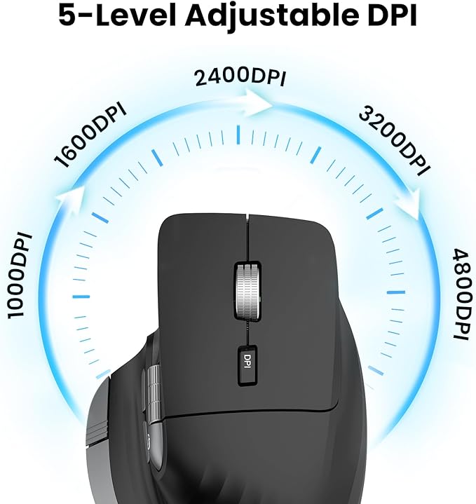 Wireless Bluetooth Mouse, Ergonomic Rechargeable Silent Mouse with Multi-Device, Adjustable DPI, Flying Scroll & Thumb Wheel, Bluetooth Mice for Laptop, Computer, Tablet, Smartphone (Black)