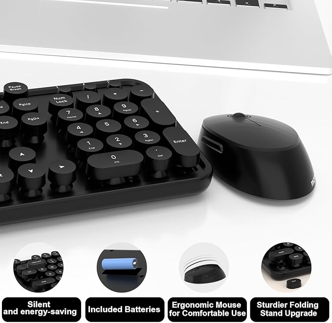 Wireless Keyboard and Mouse, COOFUN Cute Colorful 104 Keys Full Size Typewriter Keyboards Retro Cordless Key Board Ergonomic Keyboards and Mouse Wireless for Windows, PC, Laptop, Desktop (Black)