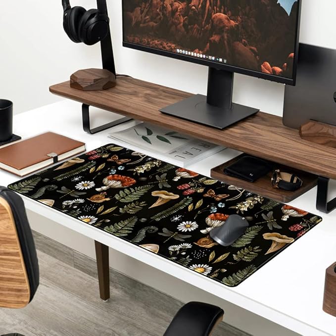 Black Mouse Pad Cottage Core Aesthetic Mouse Pads Mushroom Desk Pad Vintage Mouse Pad Forest Magic Nature Large Desk Pad Ergonomic Mouse Pads with Stitched Edges Non-Slip Computer Mat 31.5x15.7 in
