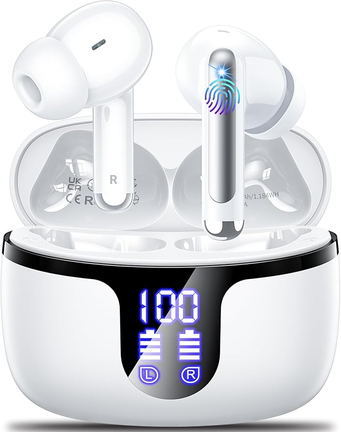 Wireless Earbuds Bluetooth 5.4 Headphones HiFi Stereo 42H Playback in Ear with 4 ENC Noise Cancelling Mic, IPX7 Waterproof and LED Battery Display Screen for Running Fitness Office Ear Buds in White