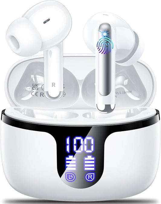 Wireless Earbuds Bluetooth 5.4 Headphones HiFi Stereo 42H Playback in Ear with 4 ENC Noise Cancelling Mic, IPX7 Waterproof and LED Battery Display Screen for Running Fitness Office Ear Buds in White