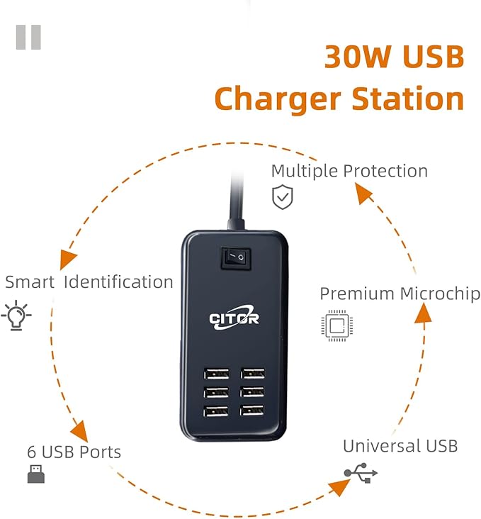 Multiport USB Charger, 6 Port USB Charging Station for Multiple Devices, Phone, Tablet, Power Strip with ON/Off Switch (Black)