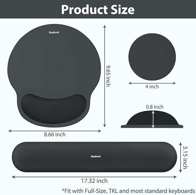 Sushret Mouse Pad and Keyboard Wrist Rest, 3-in-1 Gel Memory Foam Ergonomic Mouse Pad with Wrist Rest Set, Gaming Mousepad Arm Cushion Support for Computer Office Desk Accessories Cute Setup, Charcoal