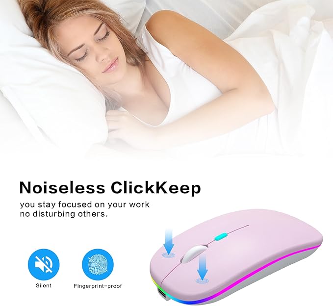 Wireless Bluetooth Mouse Rechargeable Laptop Mice with LED Use Portable(BT5.2 and USB 2.4G) Dual Mode Connection Silent Slim Computer Mouse for Laptop/iPad Tablet/Apple MacBook/PC (Pink)