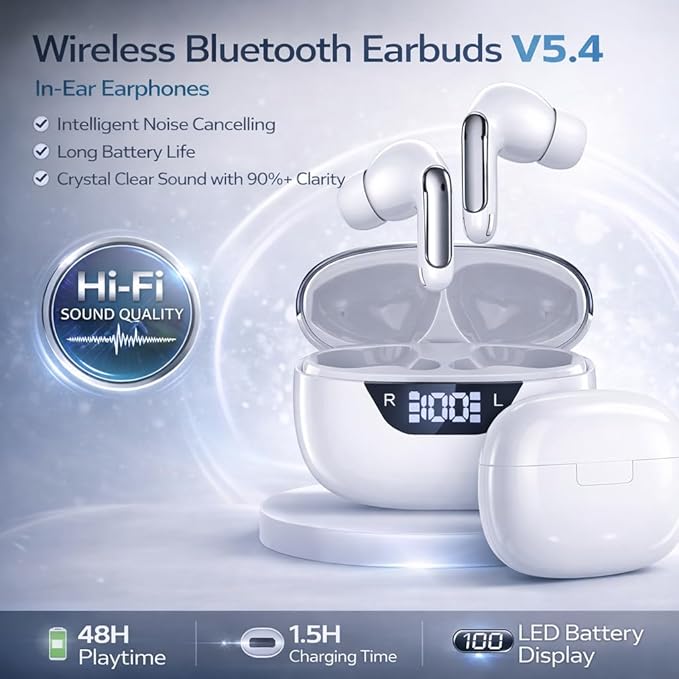 Wireless Earbuds Bluetooth 5.3, 48H Playtime LED Power Display, IPX7 Waterproof Stereo Earphones in-Ear Bluetooth Headphones Android IOS Noise Cancelling Mic for Sports,Phone,Tablet,Laptop(White)