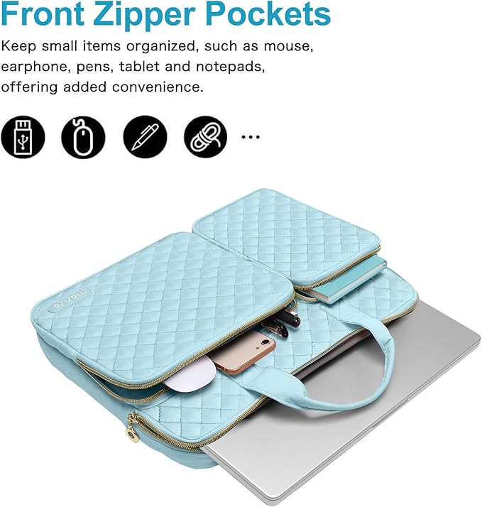 MOSISO 360 Protective Laptop Case 13.3 inch, 13-13.3 inch Laptop Sleeve Compatible with MacBook Air/Pro 13/Pro 14,HP Dell ASUS Lenovo, Square Quilted Bag Cover with 2 Pockets&Handle&Belt, Ice Blue