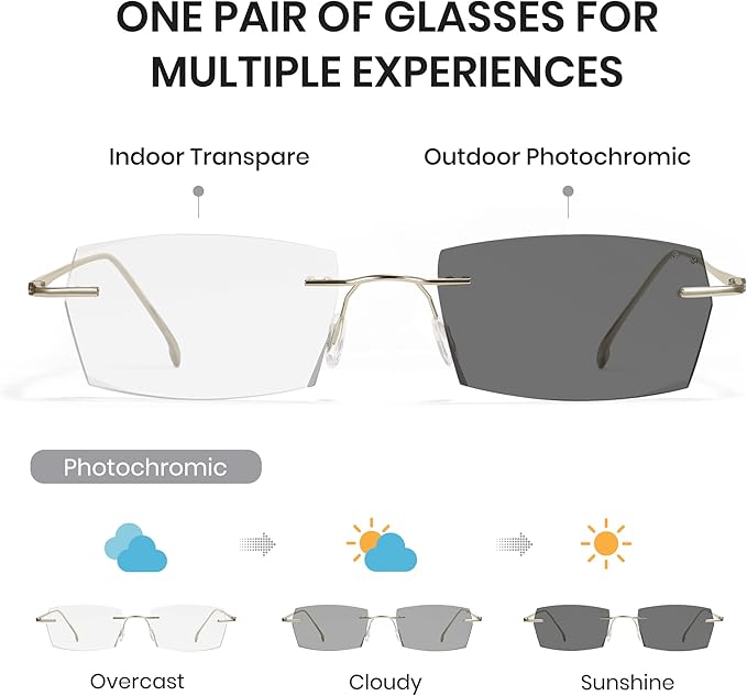 Cyxus Photochromic Blue Light Glasses for Men Women UV Protection Sunglasses Rimless Eyeglasses Ultralight Metal Square Eyewear