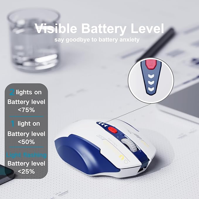 Uineer Wireless Mouse, [Upgraded] Visible Battery Display???Rechargeable Laptop Mice 2.4G USB, 4 Adjustable DPI Levels,Optical Rat??n Wireless for Laptop PC Computer,White and Blue