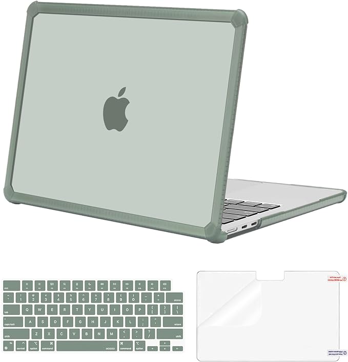 MOSISO Compatible with MacBook Air 13 inch Case M5 2026 M4 2025 M3 M2 2024-2022 A3449 A3240 A3113 A2681,3 in 1 Kit Crack-Resistant Heavy Duty Protective Plastic Hard Case with TPU Bumper,Emerald Green