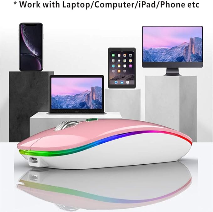 TENMOS Wireless Bluetooth Mouse, LED Slim (Bluetooth 5.1 + USB) 2.4GHz Rechargeable Silent Bluetooth Wireless Mouse with Type C Adapter for Laptop/MacBook/iPad OS 13 and Above (Pink)