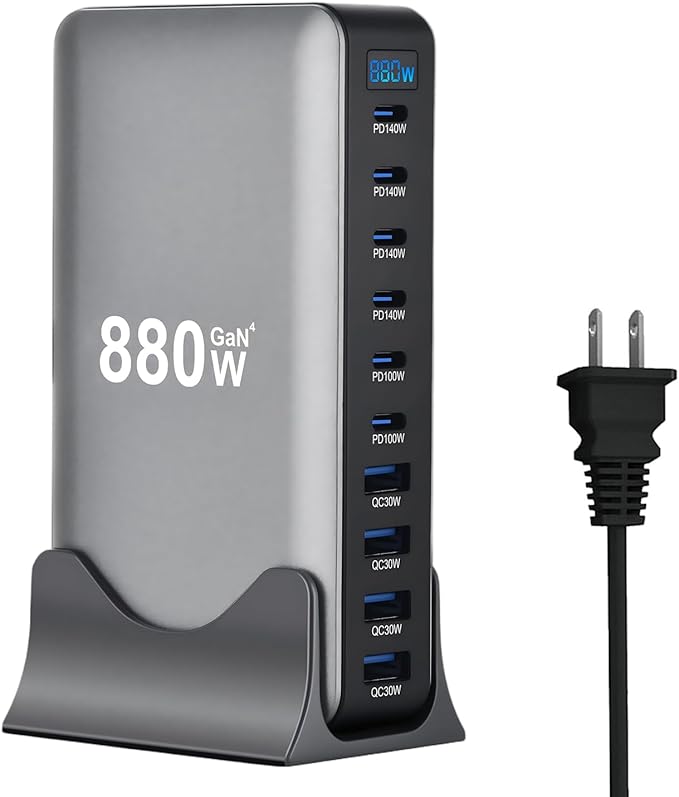 880W USB C Fast Charger Block, 10 Ports GaN IV Pro USB Chagring Station, 140W PD QC HUB for Multiple Devices, Laptop Adapter Compatible with MacBook Pro/Air iPad iPhone Pro Max, Galaxy, Dell, HP