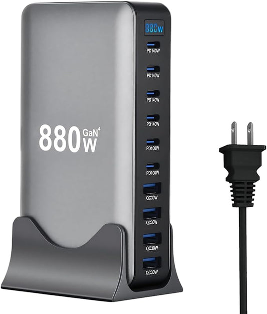 880W USB C Fast Charger Block, 10 Ports GaN IV Pro USB Chagring Station, 140W PD QC HUB for Multiple Devices, Laptop Adapter Compatible with MacBook Pro/Air iPad iPhone Pro Max, Galaxy, Dell, HP
