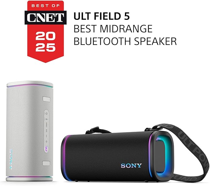 Sony ULT Field 5 Wireless Portable Bluetooth Speaker, IP67 Waterproof, Dustproof, and Rustproof with Enhanced Bass, 25 Hour Battery, 360° Party Light, and Shoulder Strap (SRSULT50W), Off White