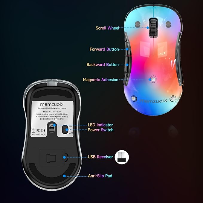memzuoix 2.4G Aesthetic Wireless Mouse - Customizable Covers & LED Mood Lighting - Rechargeable Ergonomic Design, 5 Buttons, 1200 DPI for Office, Laptop, Mac - White