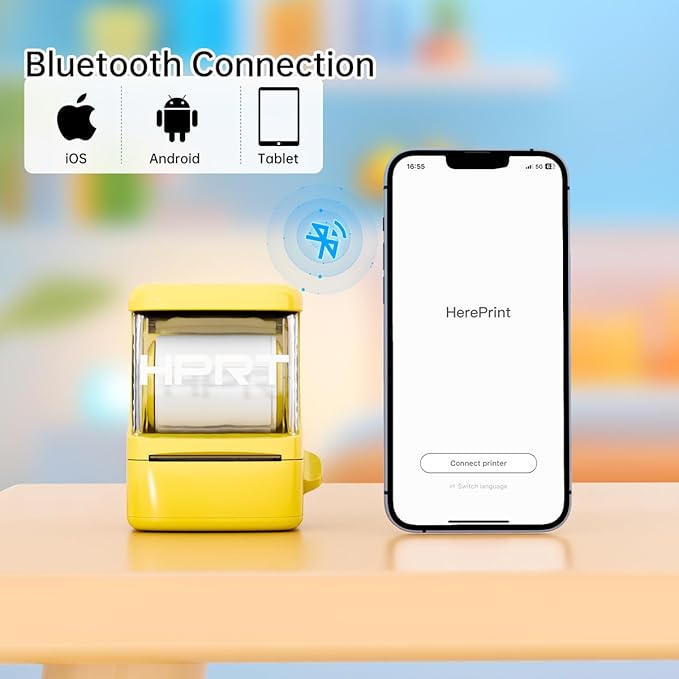 HPRT NEW1 Label Printer 2 Inch Portable Inkless Bluetooth Label Maker for Small Business, Home, School, Sticker Printer for Address, Logo, Barcode, Clothing, with Automatic Label Recognition（Yellow）