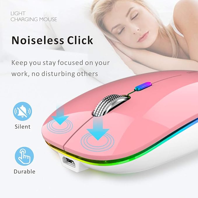 Uiosmuph LED Wireless Mouse, G12 Slim Rechargeable Silent Mouse, 2.4G Portable USB Optical Wireless Computer Mice with USB Receiver and Type C Adapter (Pink)