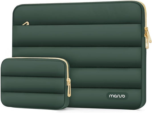 MOSISO Laptop Case 16 inch, 15-15.6 inch Puffy Laptop Sleeve Compatible with MacBook Pro 16 M5 M4 M3 M2 M1, HP Dell ASUS Acer Toshiba Lenovo, Polyester Horizontal Bag with Small Case, Emerald Green