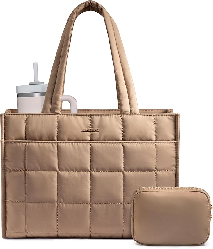 LOVEVOOK Tote Bag for Women, Puffer Work Handbag 15.6 Inch Laptop Purse for Nurse Teacher, Large Quilted Travel Tote Shoulder Bag with Zipper for College Office Clinical Gym, Khaki