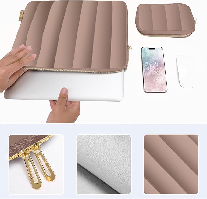 MOSISO 13-14 inch Laptop Case,13.3 inch Puffy Laptop Sleeve Compatible with MacBook Air 13 13.6 M4 M3 M2 M1/Pro 13/Pro 14, HP, Dell, ASUS, Lenovo,Vertical Rectangle Carrying Bag with Small Case, Brown