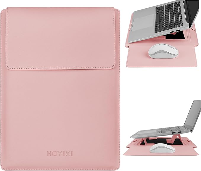 HoYiXi 15.6" Laptop Sleeve Case PU Leather with Stand Compatible with MacBook Pro 16/15.4'' MacBook Pro 15, Mac Air 15/ Dell, Matebook,Asus,15-16'' Laptop Bag,(Patent Pending),Pink