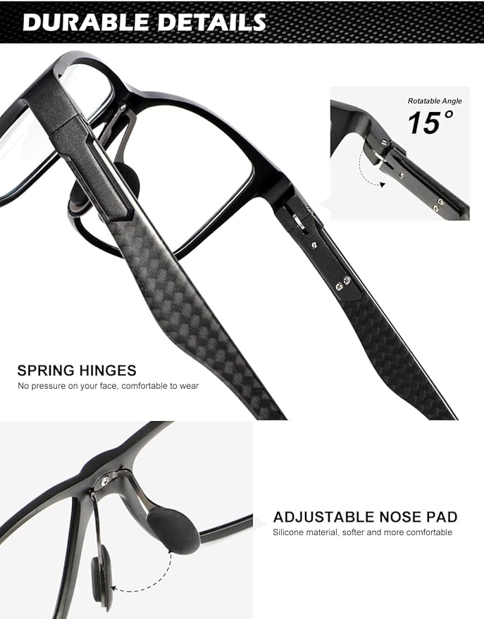 ANYLUV Carbon Fiber Reading Glasses for Men Women, Blue Light Blocking Computer Readers, Anti Glare Spring Hinge