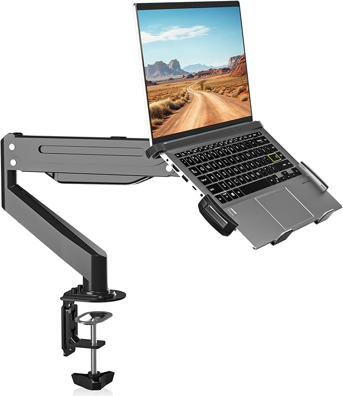 Suptek Laptop Desk Mount,Fully Adjustable Monitor and Laptop Mount Stand for 13-18 Inch Notebook and 17-32 inch Monitor Screen,Holds 22lbs with Vented Tray