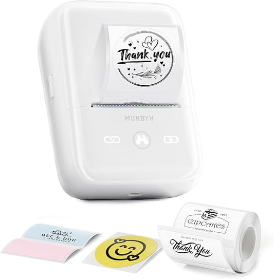 MUNBYN 6-in-1 Label Printer & Sticker Printer, Bluetooth Thermal Printer for Phone & PC, 2-Color Printing with Auto-Center Alignment, Barcode, Custom Labels, Address & Logo Labels, 1 Roll Included